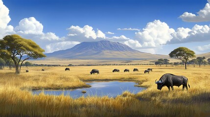 Obraz premium African savanna with mountain in national wild park, african savanna with mountain