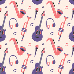 Seamless pattern with different musical instruments. Flat style illustration, background, print