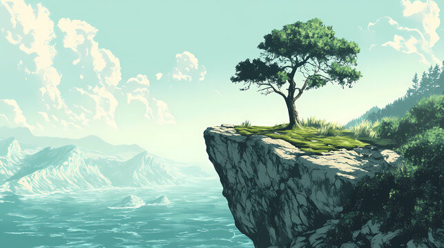 A serene landscape featuring a cliffside view with a lone tree and distant mountains. Cliffside View. Illustration