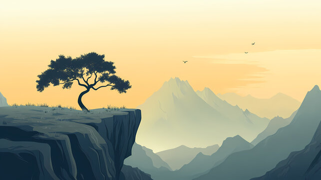 A serene landscape featuring a cliffside view with a lone tree and distant mountains. Cliffside View. Illustration
