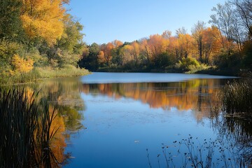 Fototapeta premium Calm autumn lake with colorful trees and reflections. Beautiful landscape for autumn background.