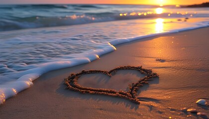 heart shaped sand art on a tranquil beach at sunset with soft waves gently caressing the shore