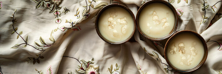 Bowls of creamy cauliflower soup. Set against a floral embroidered cloth. with space for text 
