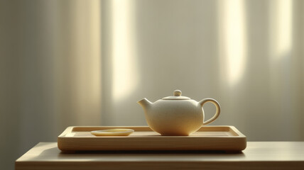 Fototapeta premium Elegant ceramic teapot on a wooden tray in soft natural light.