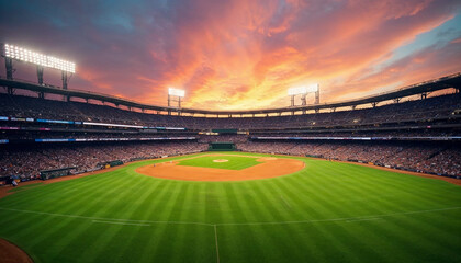 Panoramic view of a stadium with a vibrant baseball field at sunset, capturing game day excitement.






