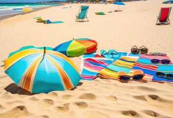 vibrant beach equipment displayed soft sand colorful accessories perfect summer day ocean, umbrella, towel, sun, accessory, relaxation, outdoor, leisure, fun