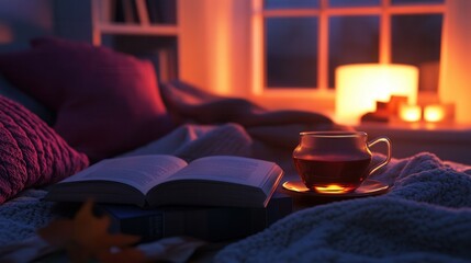 A cozy reading nook with soft lighting, blankets, and a warm cup of tea, promoting relaxation