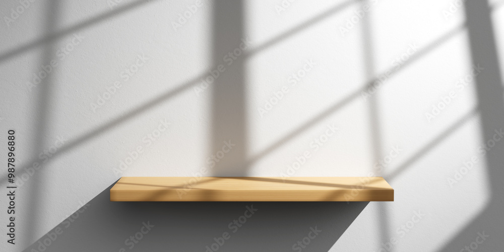 Poster white minimalist wall with wooden shelf for product presentation. empty room with shadow of window f