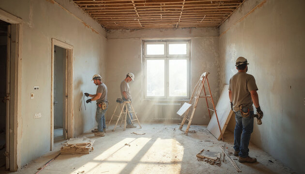 Kitchen renovation scene with old sheetrock removal and new cabinets awaiting installation.






