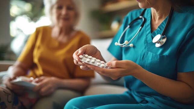 A close-up of a home care nurse assisting a patient with daily tasks, such as medication management and wound care.