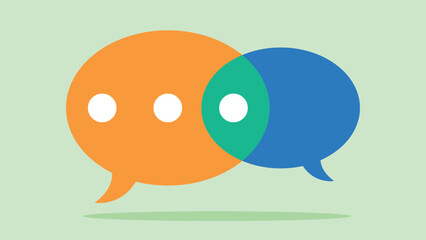communication icon. Two clouds, one orange, the other blue, overlap. The common element is green. The orange cloud has three white dots. Flat design vector.