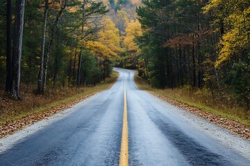 Fototapeta premium Asphalt road leading through the forest in autumn