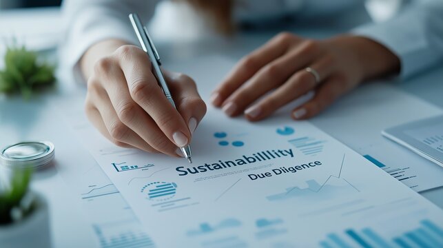 Close-up of person reviewing sustainability report and conducting due diligence at desk with pen, graph charts, and documents.