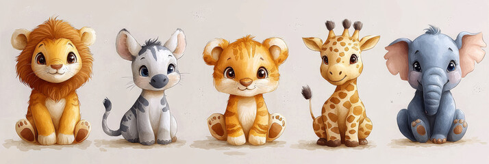 Five adorable cartoon baby animals sitting together.