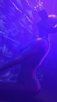 Woman in VR glasses trade cryptocurrency on DEX exchange in metaverse. Human interact with defi trading platform in virtual decentalized reality. Cyberpunk crypto. Loopable 3d render Vertical video