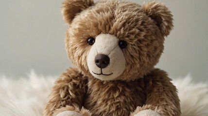 Obraz premium Soft teddy bear sitting on a fluffy surface during a cozy indoor setting perfect for comforting moments
