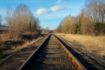 Obraz premium Empty Train Tracks Leading To Horizon On Sunny Day
