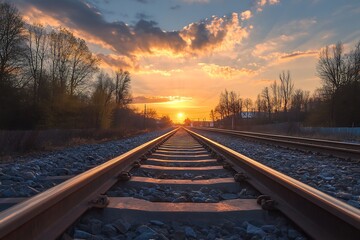 Fototapeta premium Endless Railroad Tracks Leading to a Beautiful Sunset
