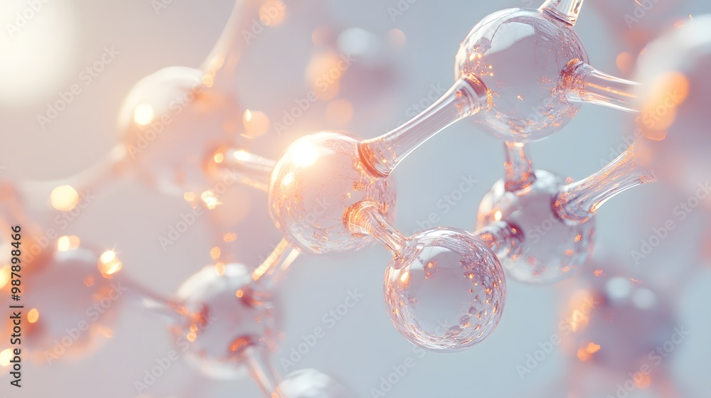 Poster abstract molecular structure with golden particles and bokeh lights