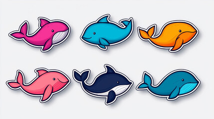 Naklejka premium Set of six colorful cartoon whales.