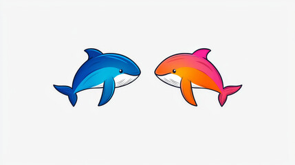 Two cartoon dolphins, one blue and one orange, facing each other.
