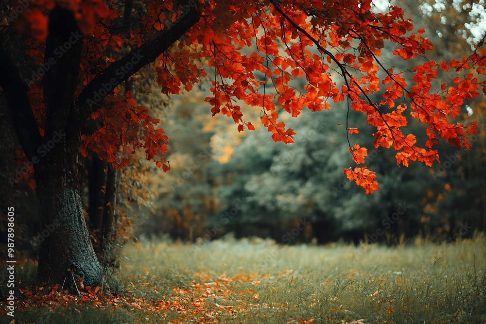 Poster Autumn Forest with Red Maple Tree and Fallen Leaves