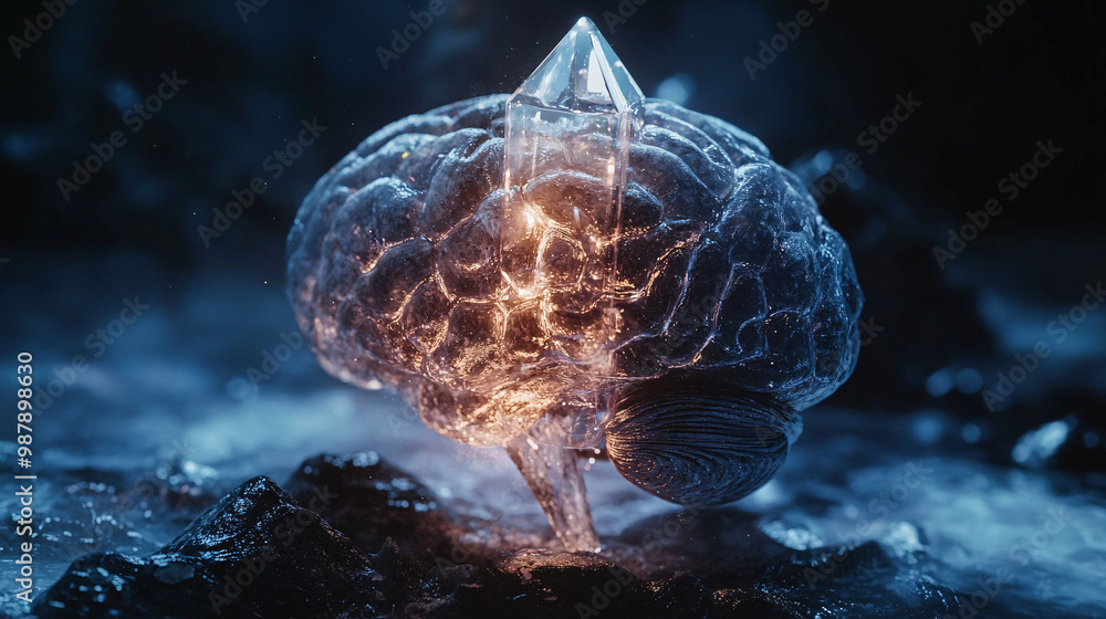 Poster brain. human brain encased in a crystal. dark background. fragility and knowledge. ethical issues in
