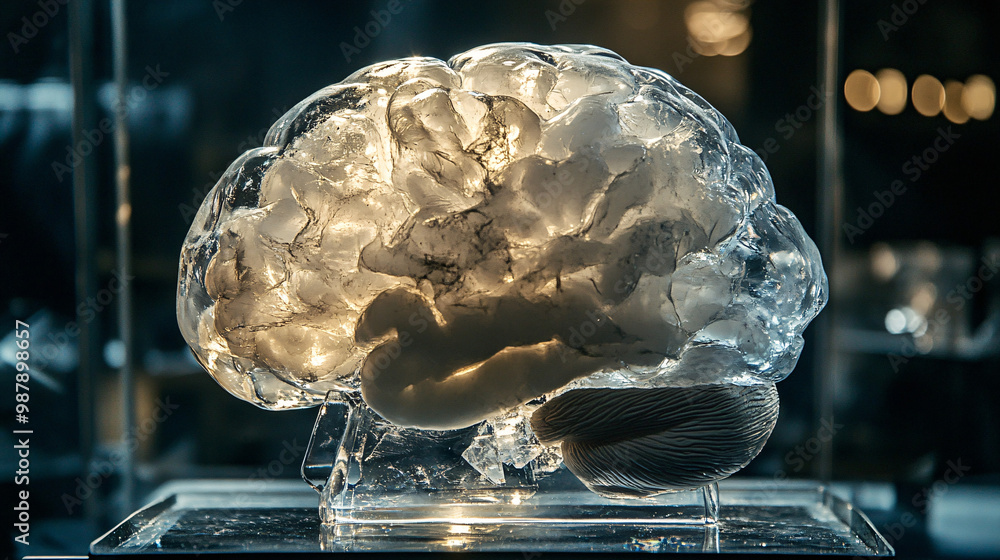 Aufkleber brain. human brain encased in a crystal. dark background. fragility and knowledge. ethical issues in