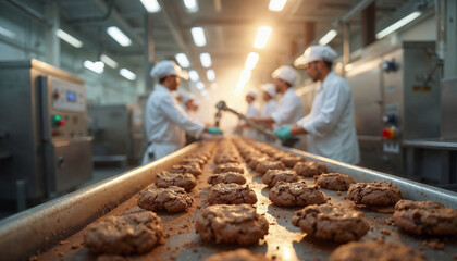 Fototapeta premium Bustling food production facility with workers making cookies, highlighting quality and efficiency.