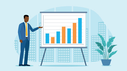 A man in an office stands at a flipchart with a data graph. A flower is standing next to it. In the background, an office window with a view of the city. Flat design vector.