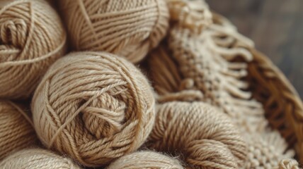 Obraz premium Beige woolen balls of yarn for knitting background. Handicraft hobby closeup. Lots of tangled threads. Handmade product. Grandma knits warm white sweater, socks close up. Autumn fall atmosphere.