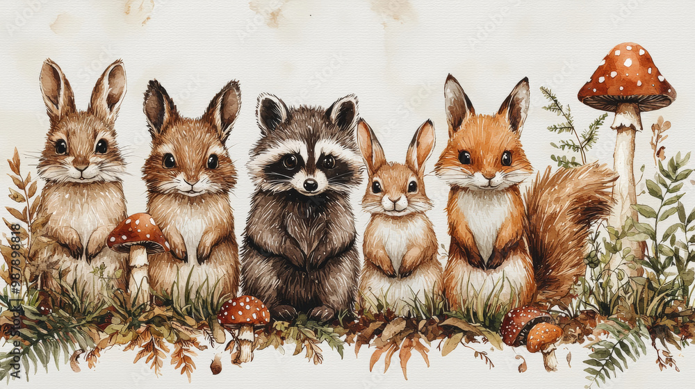 Wall mural cute watercolor illustration of woodland animals.