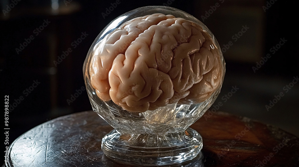 Aufkleber brain. human brain encased in a crystal. dark background. fragility and knowledge. ethical issues in