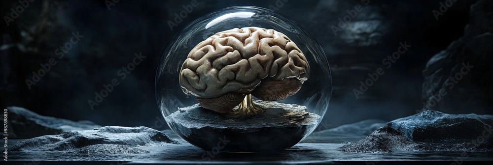 Aufkleber brain. human brain encased in a crystal. dark background. fragility and knowledge. ethical issues in