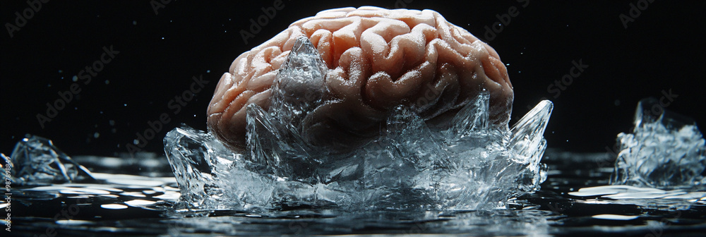 Poster brain. human brain encased in a crystal. dark background. fragility and knowledge. ethical issues in