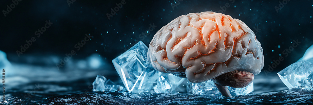 Poster brain. human brain encased in a crystal. dark background. fragility and knowledge. ethical issues in