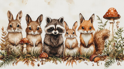 Cute watercolor illustration of woodland animals.