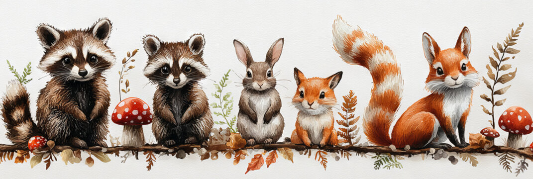 Fototapeta Cute woodland creatures on a branch with fall leaves.