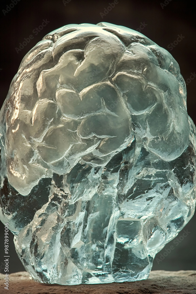 Poster brain. human brain encased in a crystal. dark background. fragility and knowledge. ethical issues in