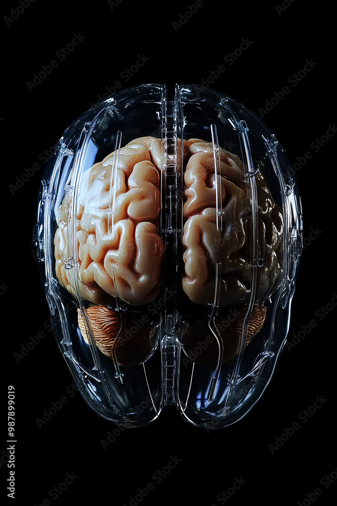 Aufkleber brain. human brain encased in transparent armor. dark backdrop. protection and cognition. ethical im