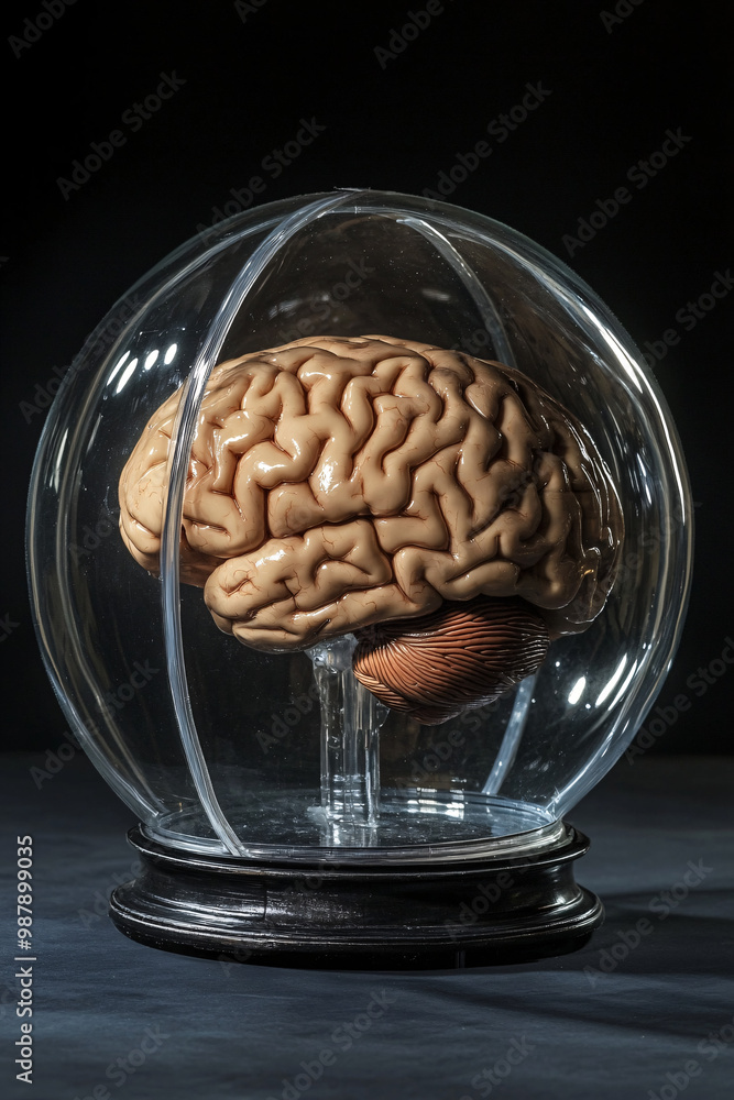 Aufkleber brain. human brain encased in transparent armor. dark backdrop. protection and cognition. ethical im