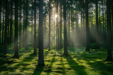 Obraz premium Sun rays shining through forest trees with green moss on the ground