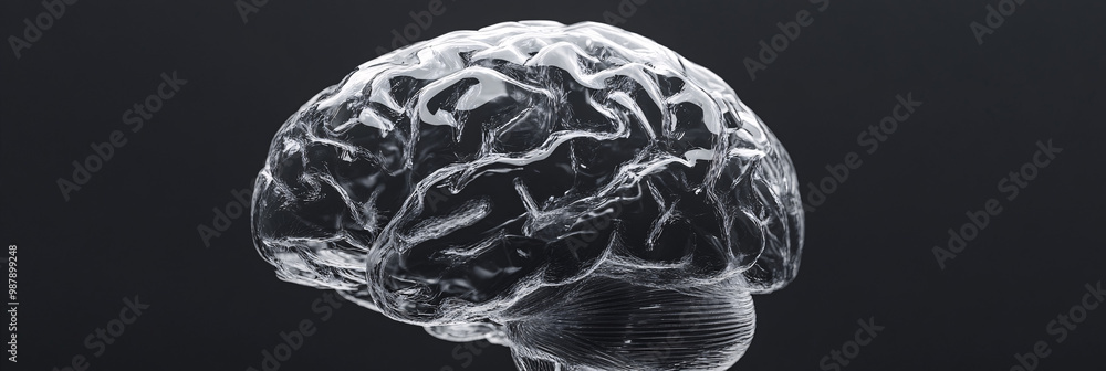 Poster brain. human brain encased in transparent armor. dark backdrop. protection and cognition. ethical im