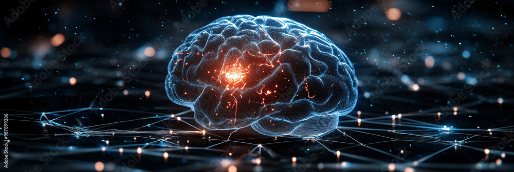 Poster brain. human brain encased in transparent armor. dark backdrop. protection and cognition. ethical im