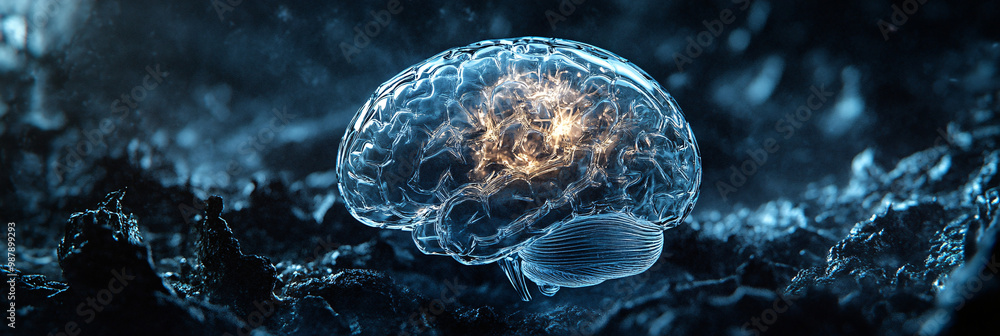 Poster brain. human brain encased in transparent armor. dark backdrop. protection and cognition. ethical im