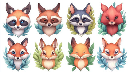 Fototapeta premium Cute cartoon foxes, a raccoon, and a bunny.