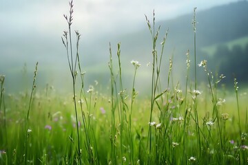 Misty Morning Meadow with Tall Grass and White Wildflowers