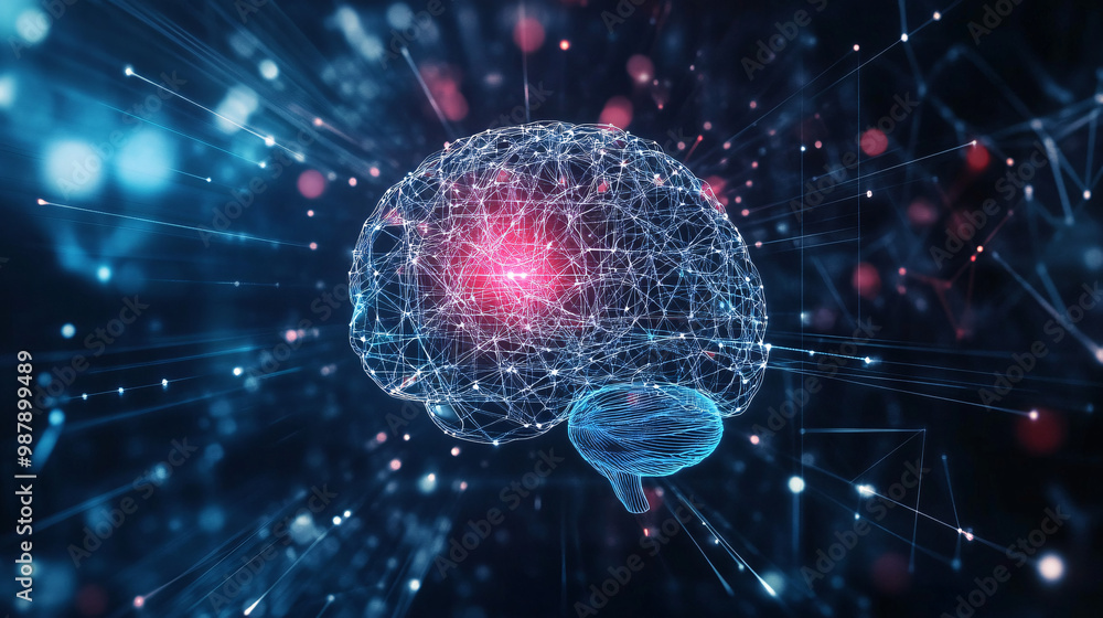 Aufkleber brain. human brain in a digital matrix. dark background. intelligence and data. ethical consideratio