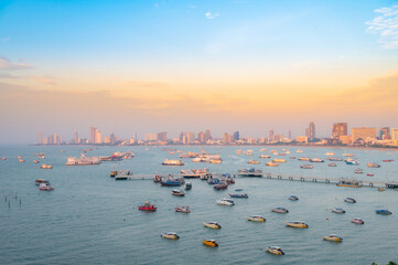 Aerial view of Pattaya with sunset in thailand