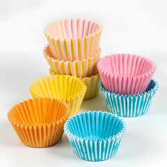 a group of colorful cupcake liners stacked on top of each other. The liners are made of paper and have a striped pattern in different colors - pink, yellow, blue, and orange 